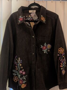 NATURAL LIFE Dark Brown Corduroy Embroidered Floral Button Up Shirt/Shacket, LG